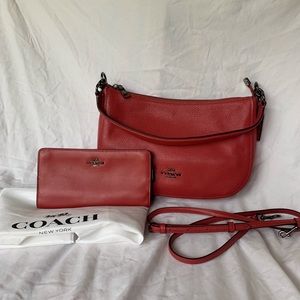 Coach Leather Small Crossbody Purse and Leather Wallet Set in Red and Black